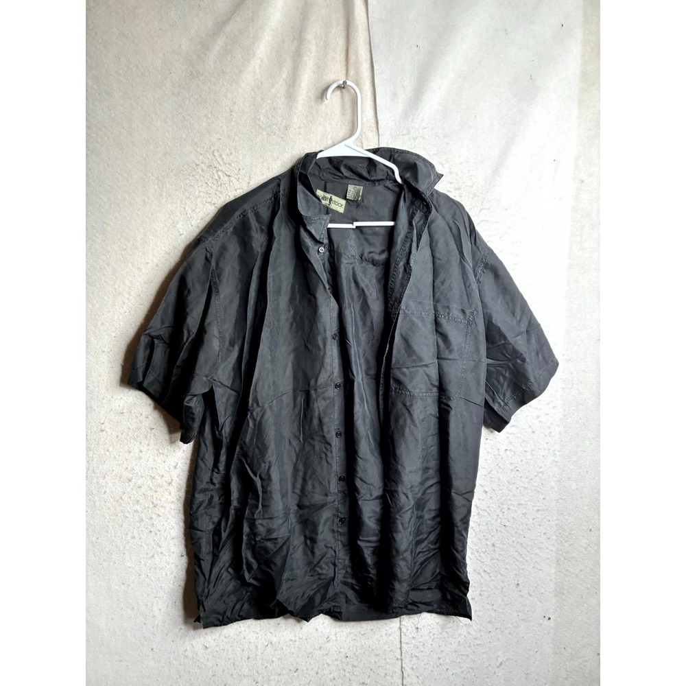 Robert Stock Button Up Shirt Mens L Black Silk Short Sleeve Collared Side Slit